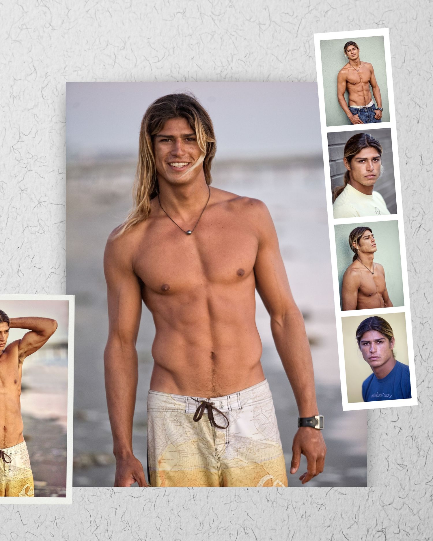 Collage of a tanned, shirtless young man with long hair at the beach wearing board shorts in multiple poses.