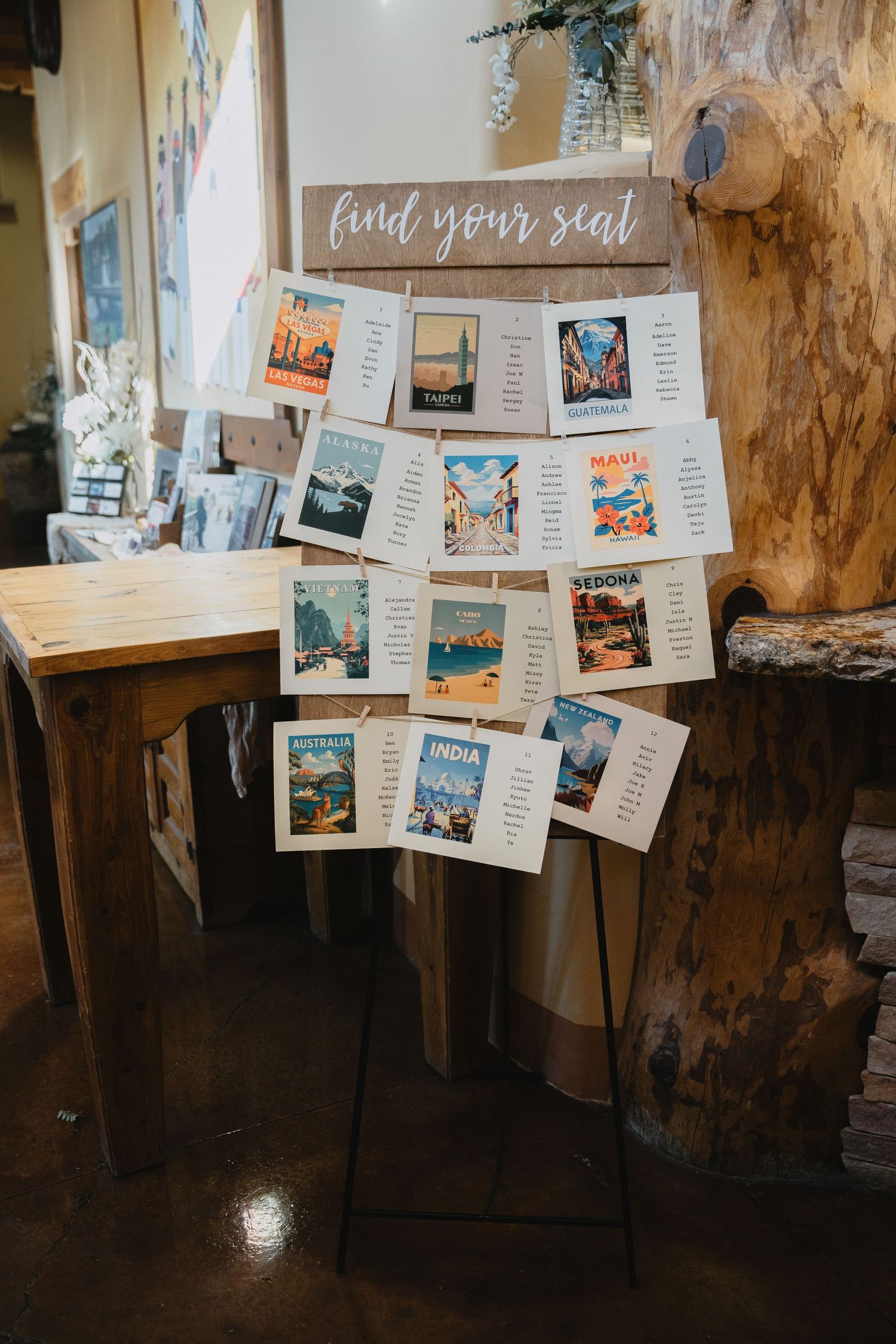 Travel-themed wedding seating chart display with vintage destination postcards on easel in rustic venue.