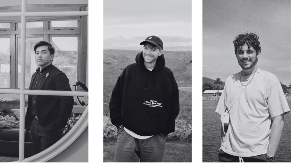 Three young men pose separately in black and white outdoor portraits, wearing casual streetwear in scenic locations.