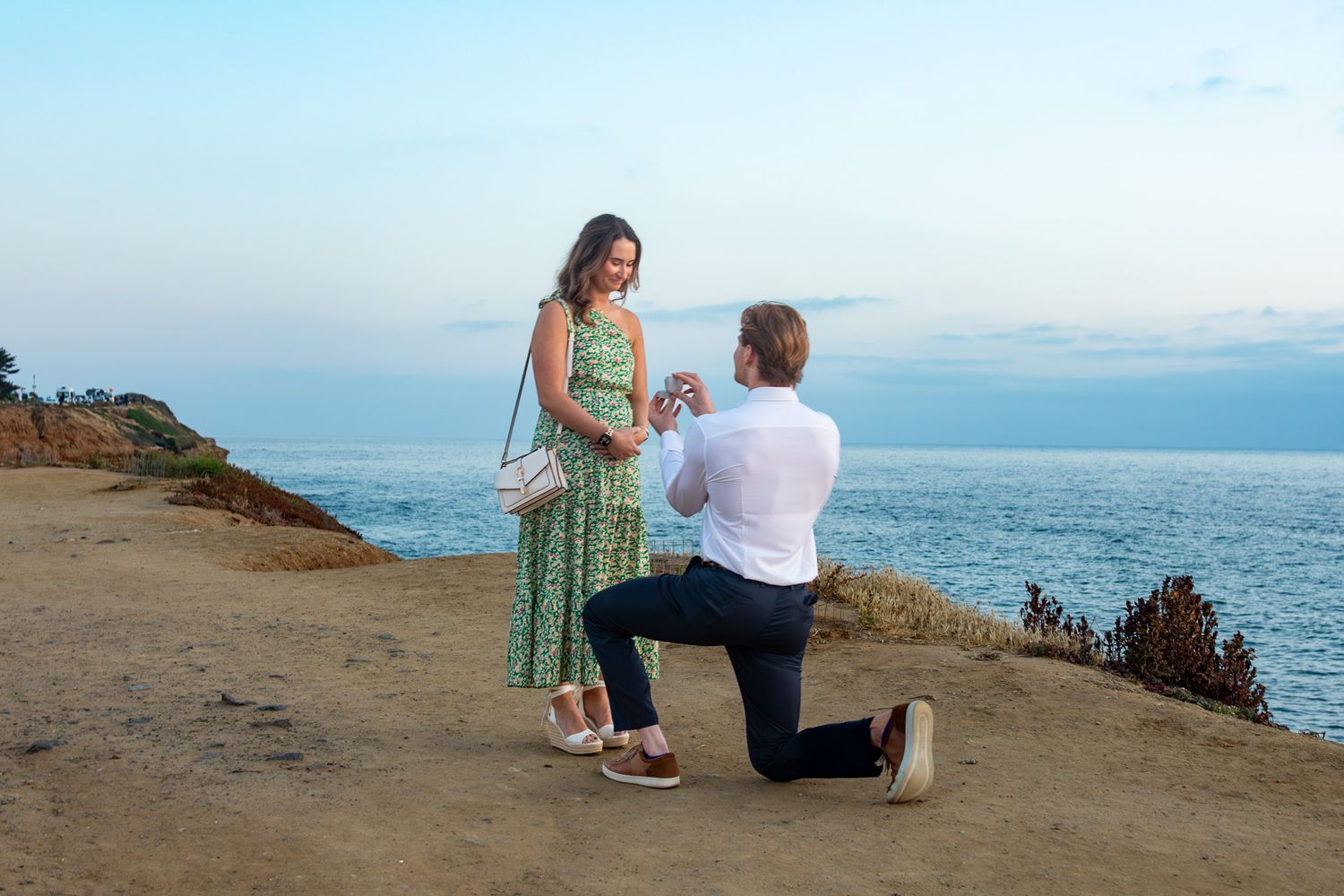 Surprise marriage proposal at Sunset Cliffs in San Diego, featuring a man on one knee proposing to a woman overlooking the ocean.