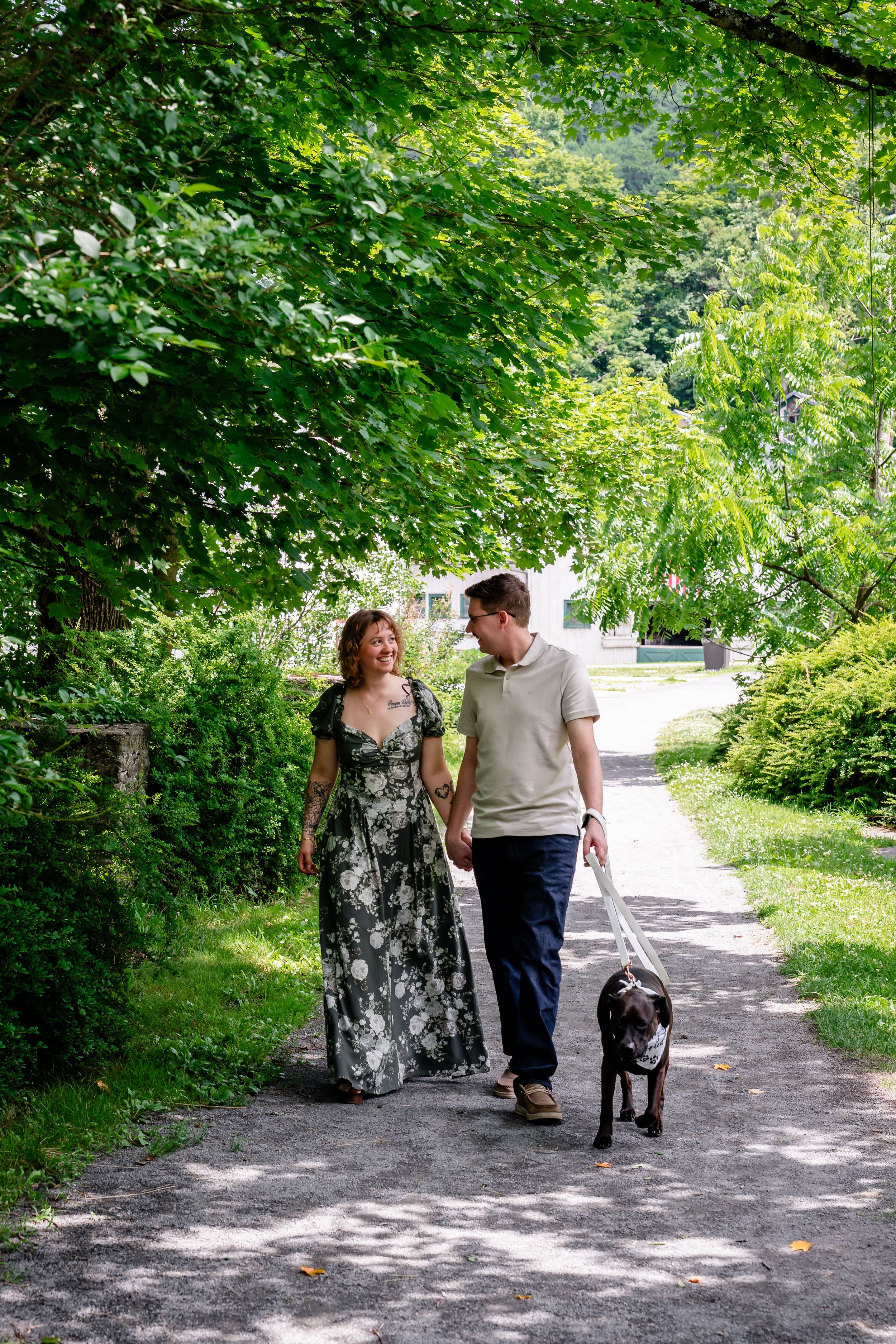 Couple walking a black Labrador on a tree-lined gravel path in a lush green park.