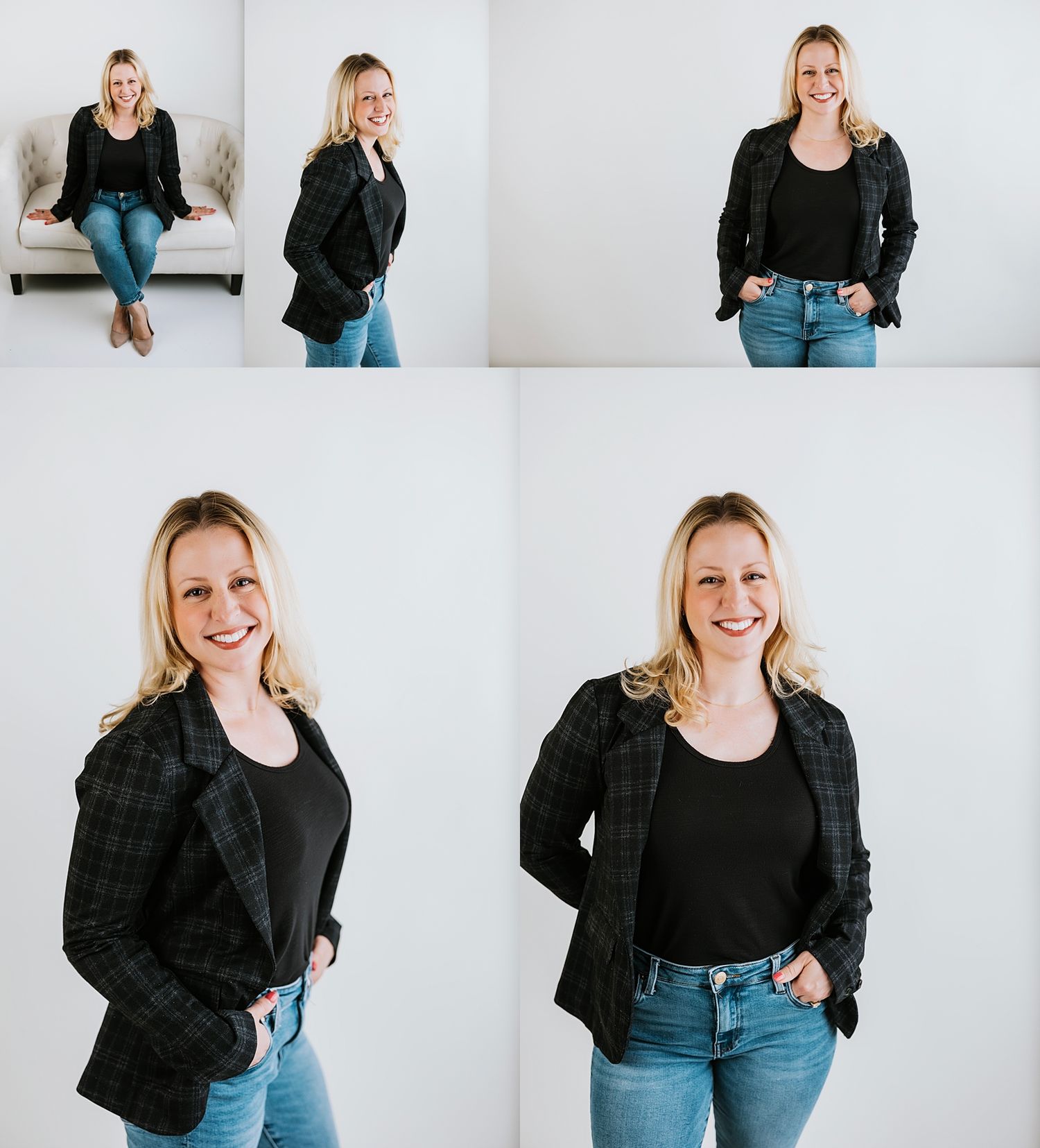 Smiling blonde woman in black top and plaid jacket posing for professional headshots in a bright white studio.
