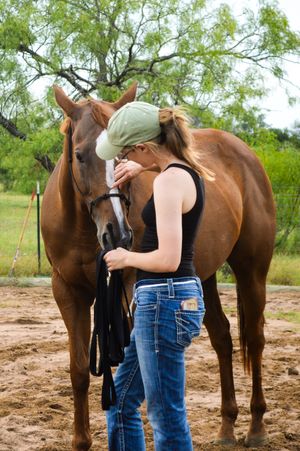 A young woman pets her horse's face