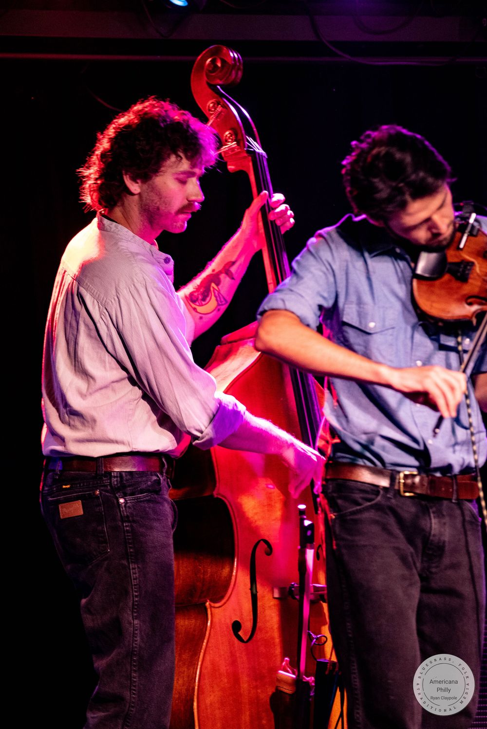 Two male musicians play upright bass and violin together on a dimly lit concert stage.