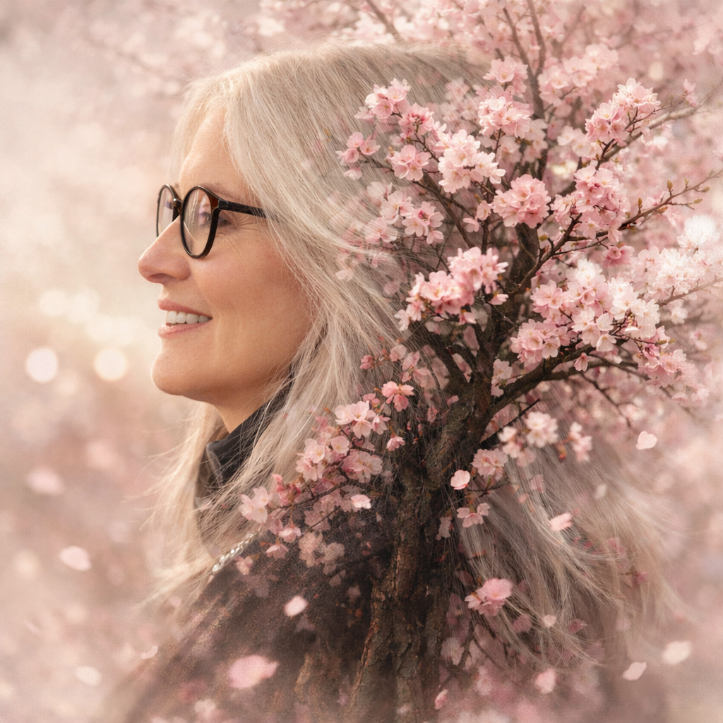 Double exposure profile portrait of a smiling Susan Rouillier with glasses blended with blooming cherry blossoms, photo by Steve Cole.
