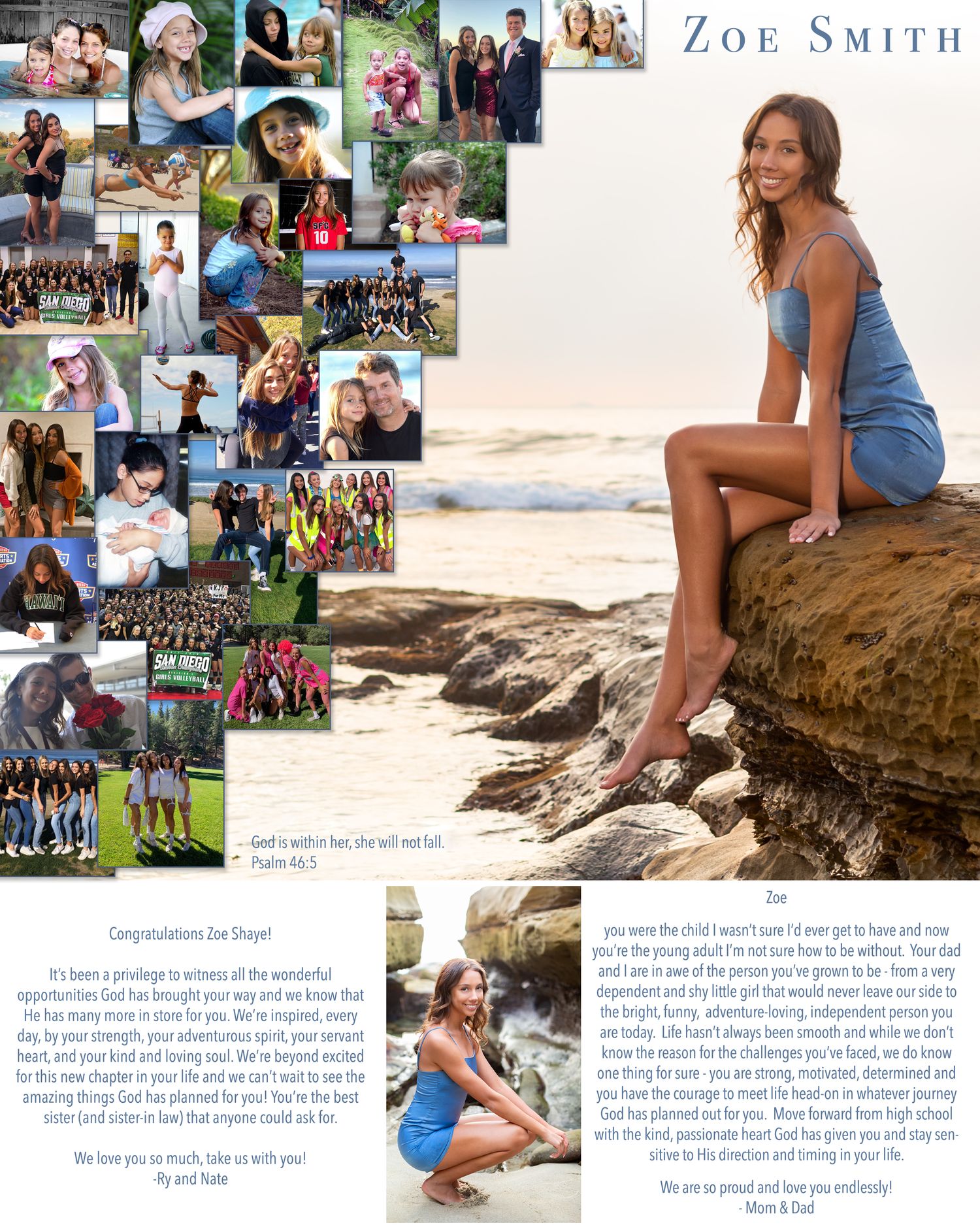 A graduation photo collage for Zoe Smith featuring beach portraits, family photos, and heartfelt congratulatory messages.