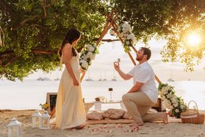Man proposes to woman on beach under floral arch with rose petals and lanterns at sunset.