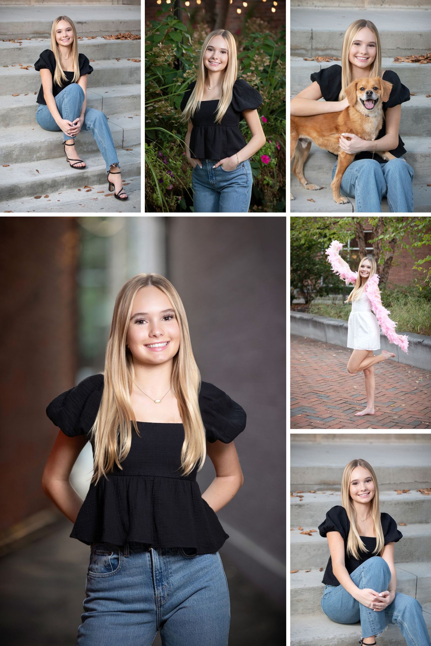 Olentangy Orange senior photos in Uptown Westerville featuring urban portraits, downtown steps, and a fun session with her dog.