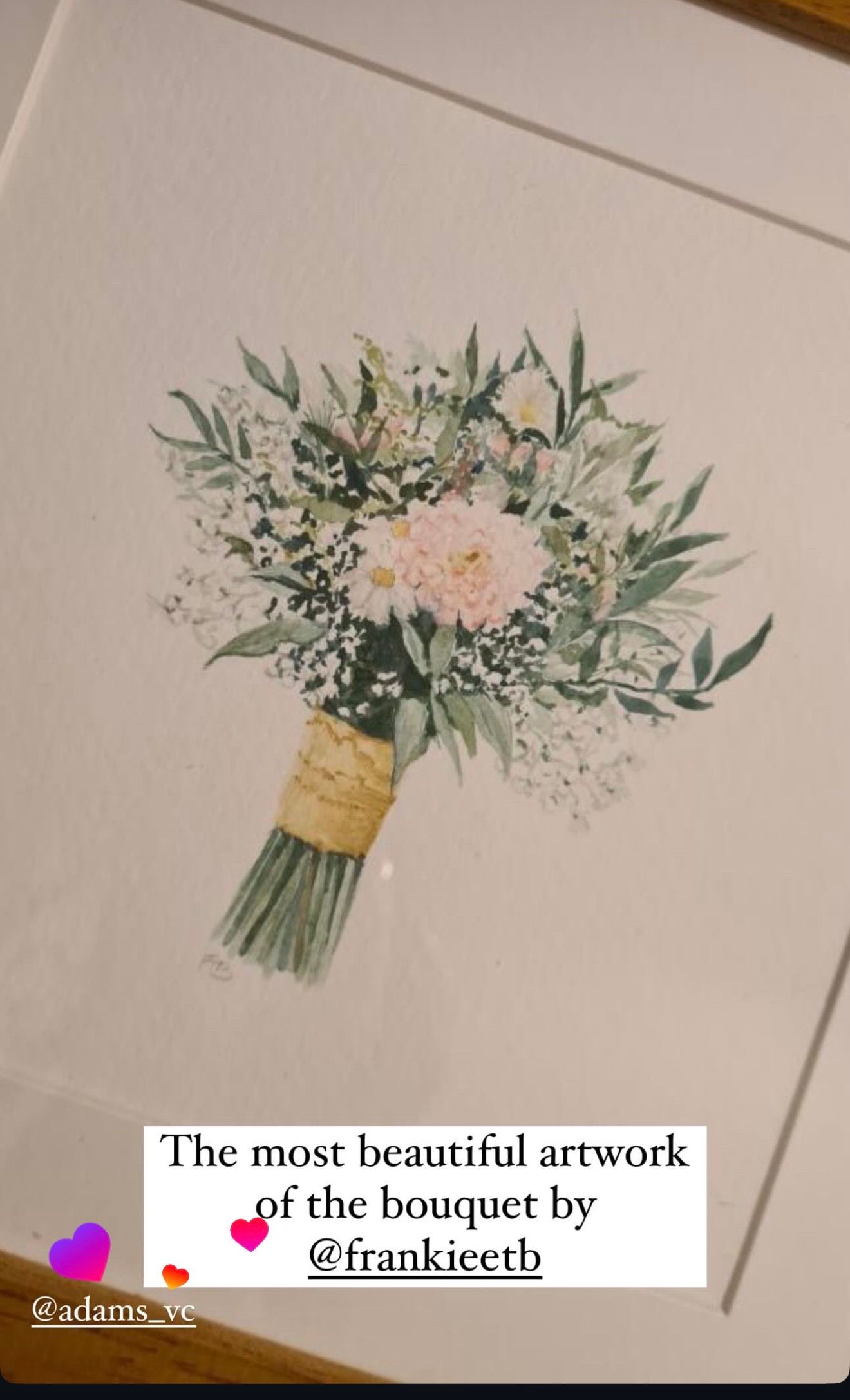 Watercolor painting of a bridal bouquet with pink peonies and greenery, framed in white, artwork by @frankieetb.