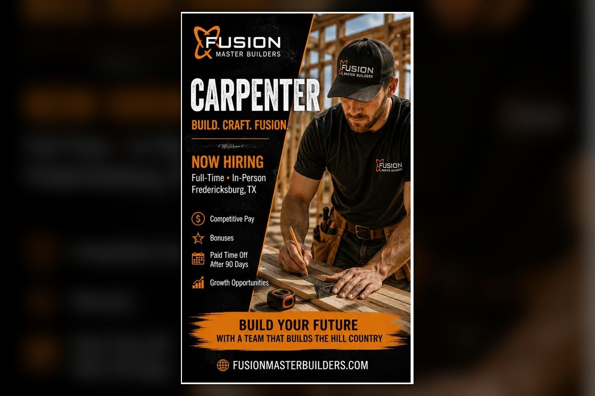 Fusion Master Builders hiring full-time carpenter in Fredericksburg, TX, offering competitive pay, bonuses, and growth opportunities.