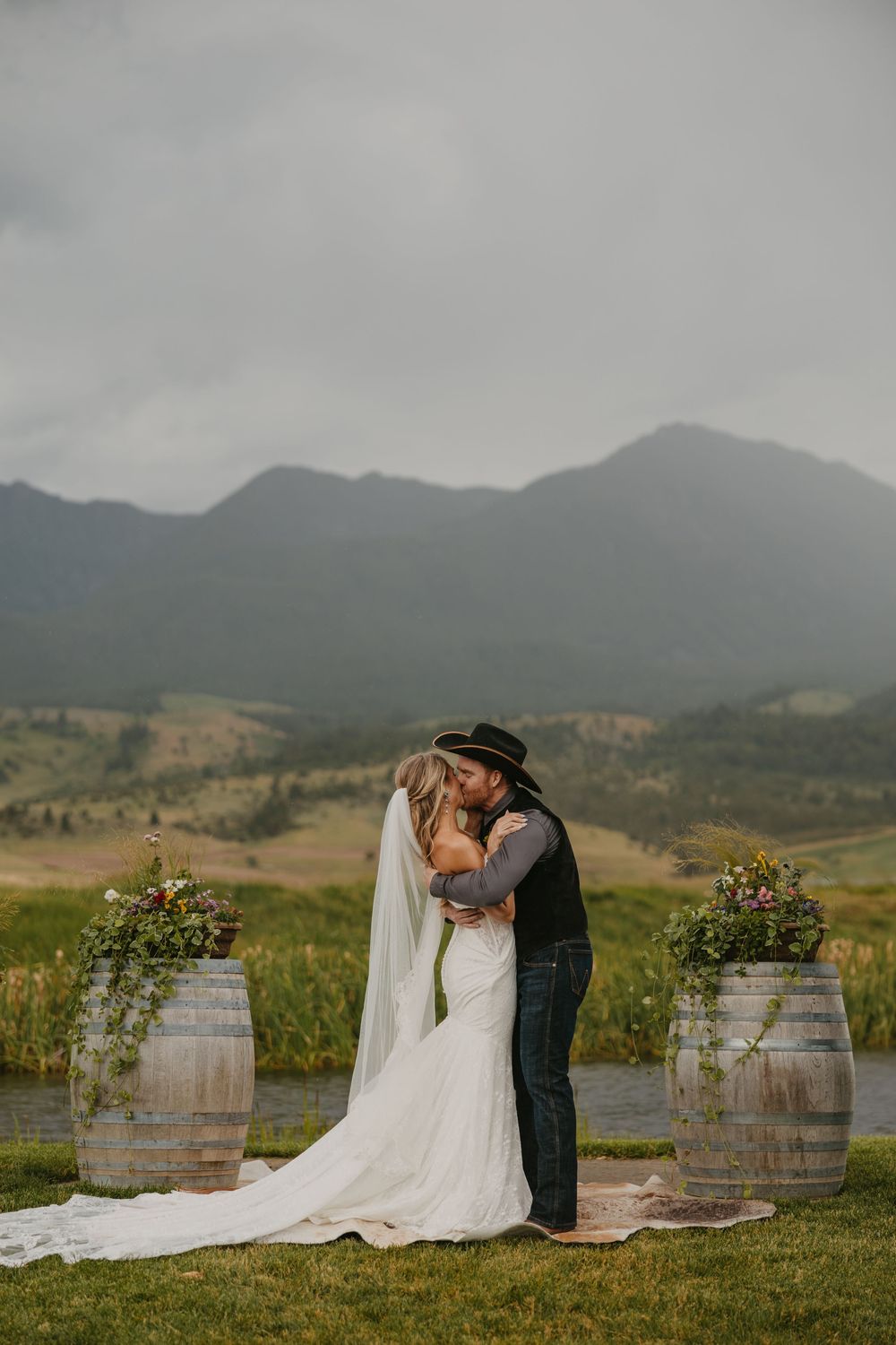 Ceremony at Copper Rose Ranch on her rainy wedding day in Pray, Montana Paradise Valley captured by Livingston, Montana Wedding photographer