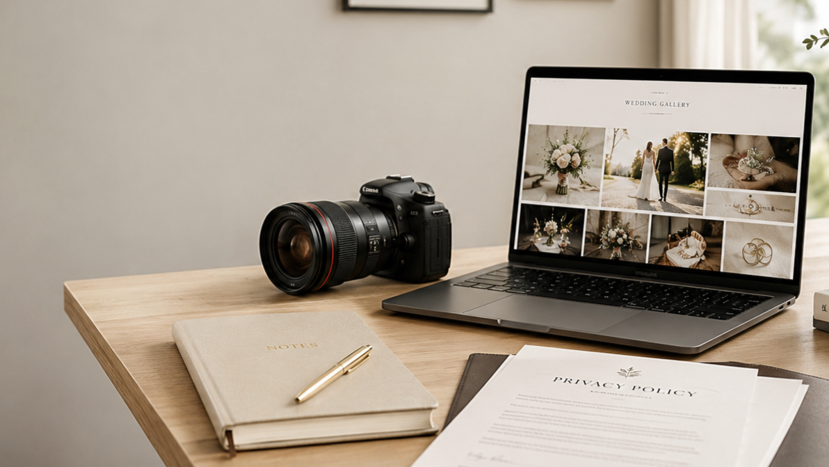 A professional photography workspace with a DSLR camera, laptop displaying a wedding portfolio, notebook, and privacy policy document on a w