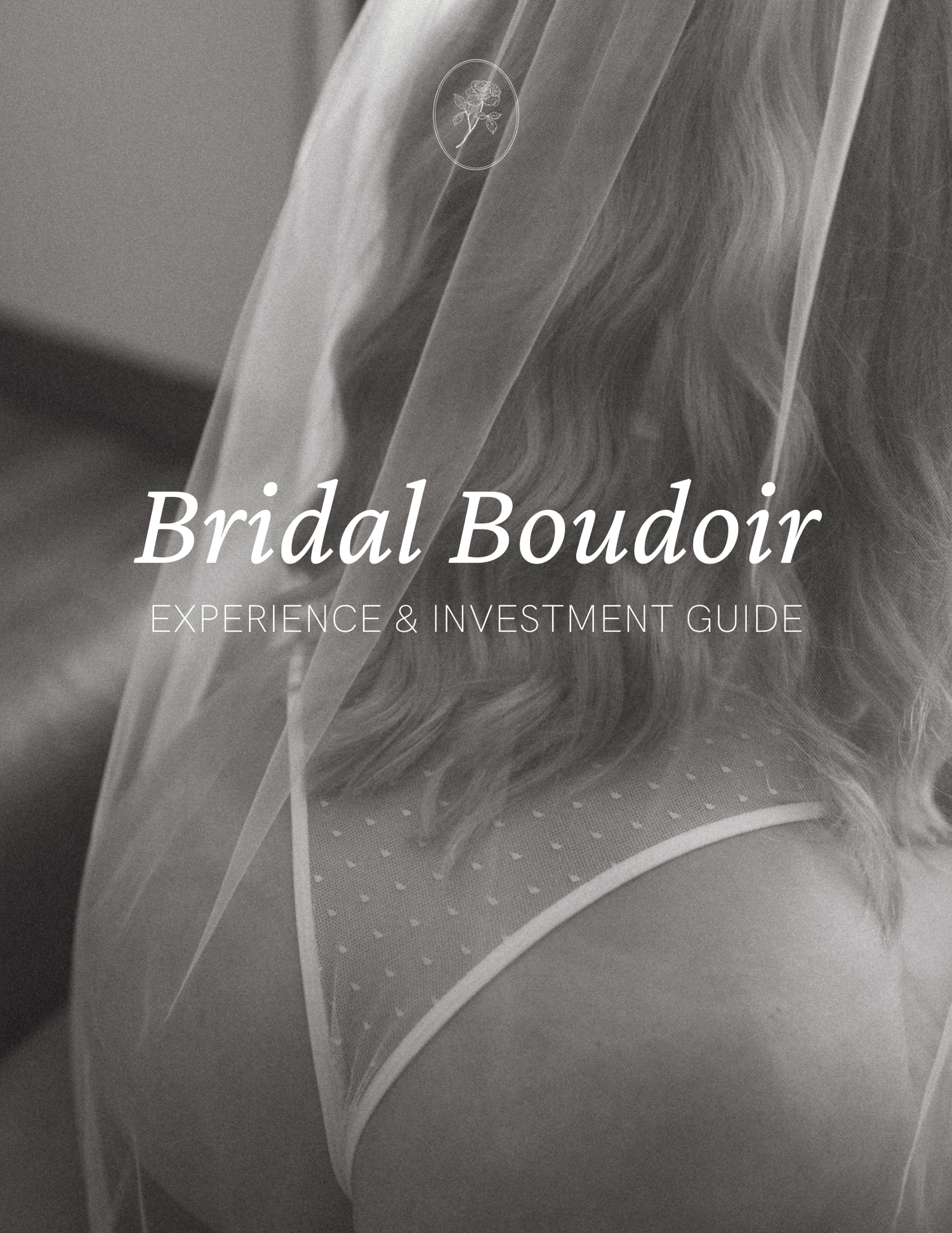Black and white bridal boudoir guide cover featuring a bride in lingerie wearing a delicate veil.