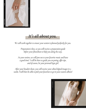 Elegant boudoir photography promotional page featuring a woman in white lingerie with soft, romantic lighting and floral accents.