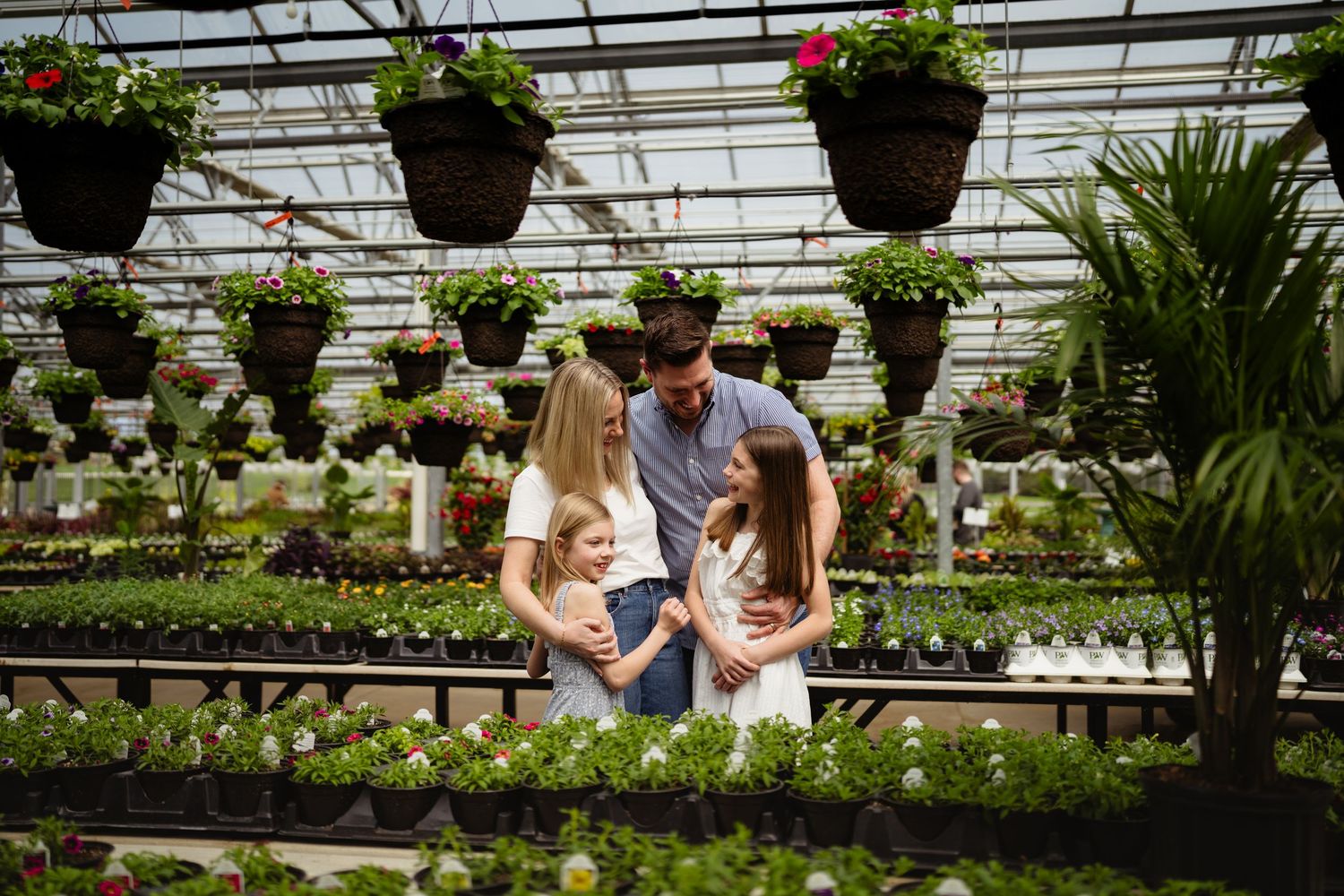 Family of four enjoying a visit to a lush greenhouse garden center filled with colorful hanging flowers and plants.