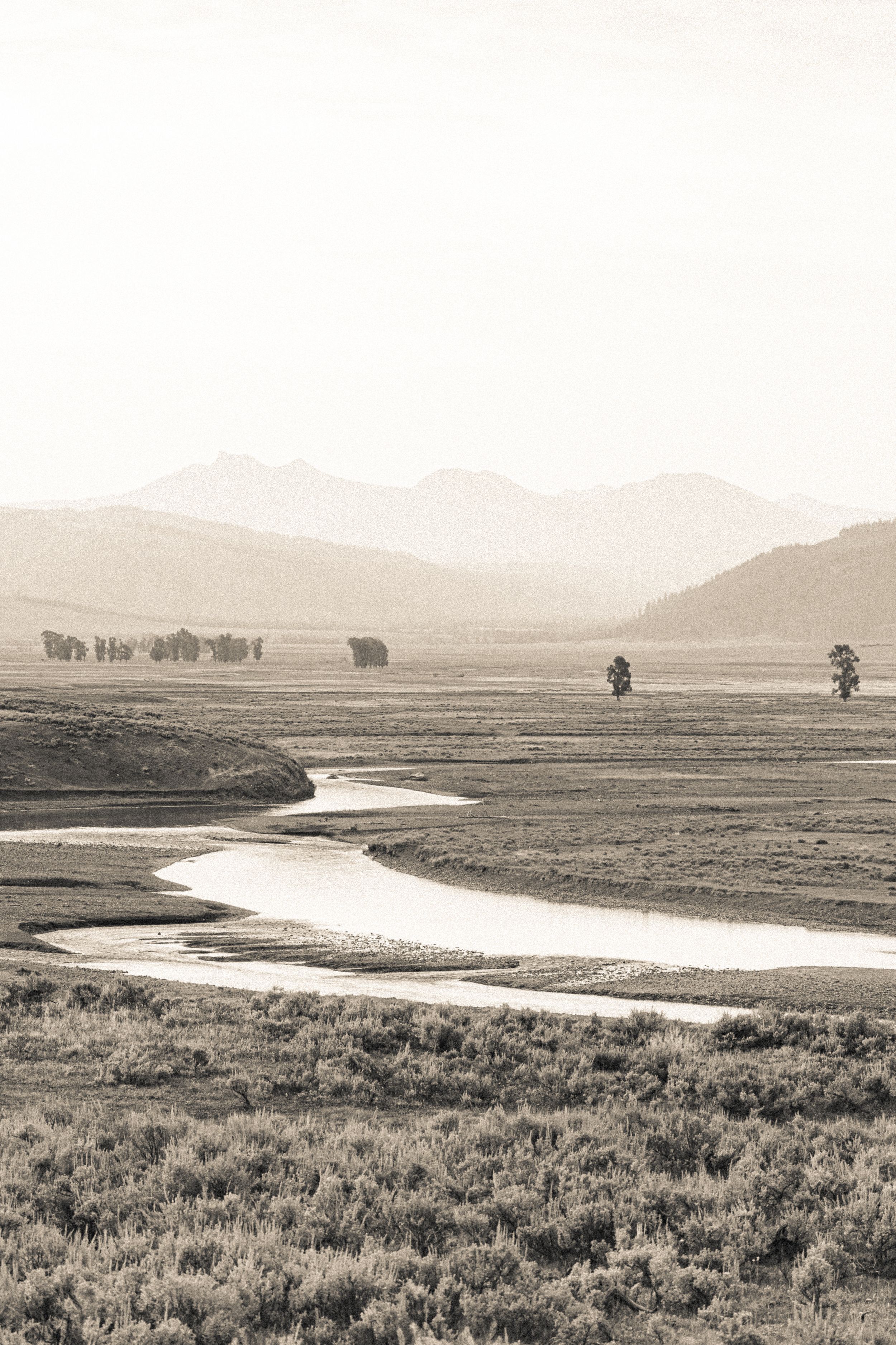 Sepia-toned landscape of a winding river through vast plains with scattered trees and misty mountains in the background.