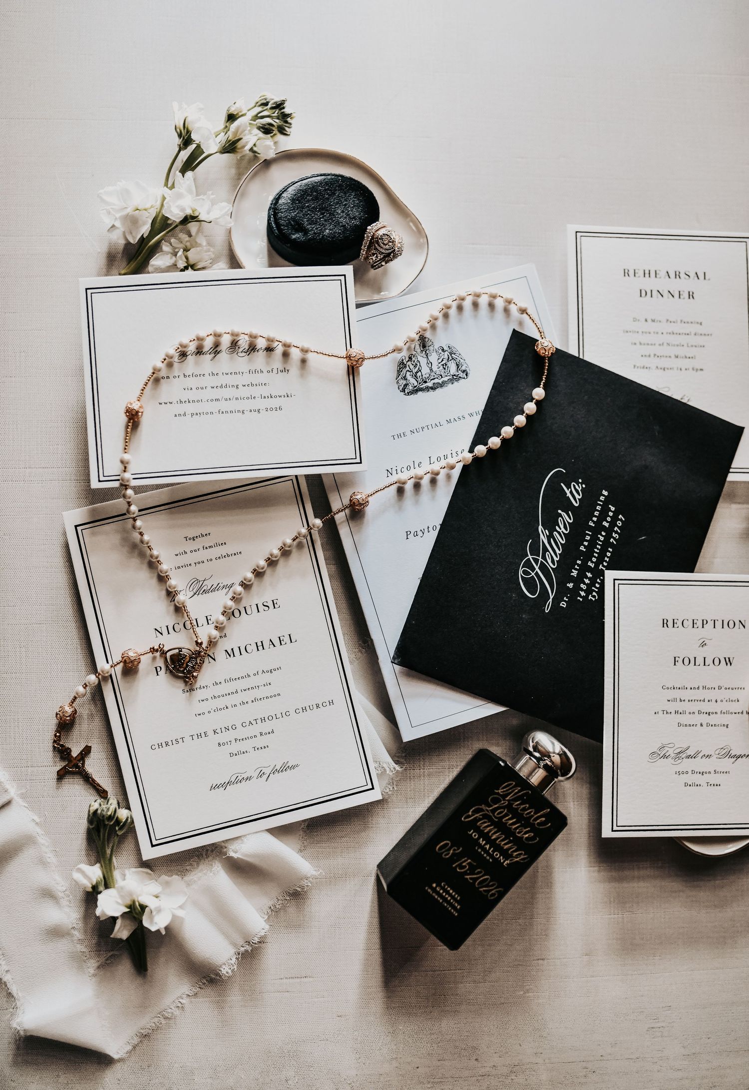 Black, white and gold wedding detail flat lay in Dallas Texas