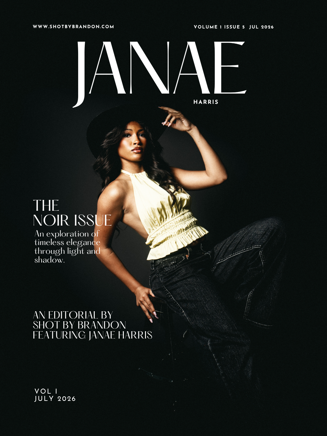 Magazine cover featuring Janae Harris in a yellow top and wide-brim hat for The Noir Issue editorial by Shot by Brandon.