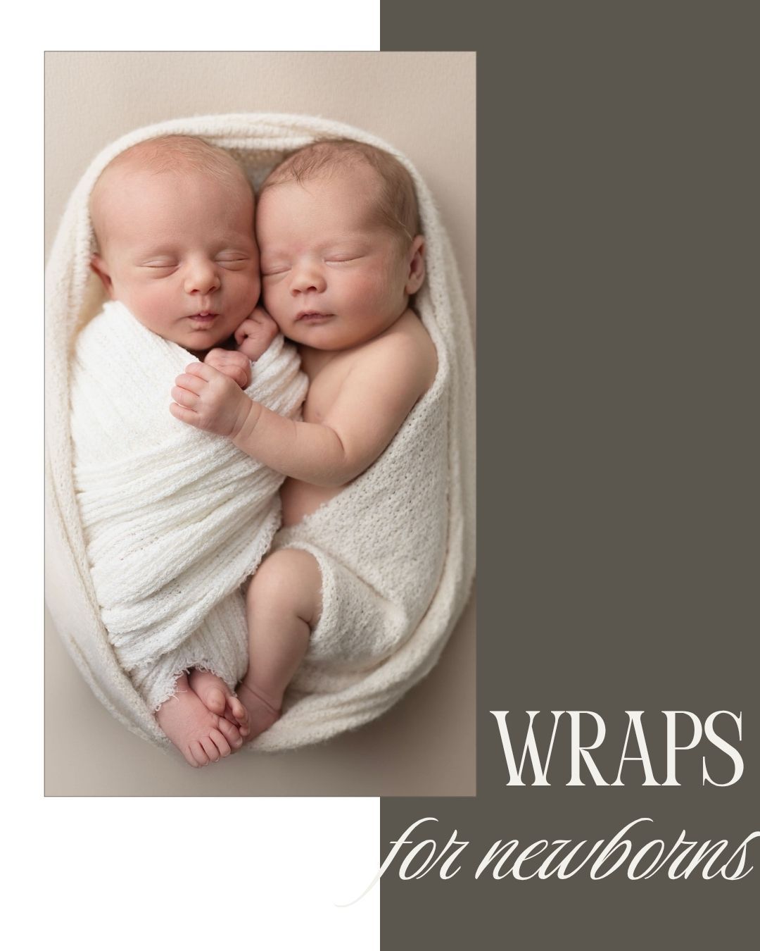 Two sleeping newborn twins wrapped in white swaddles nestled together in a bowl, perfect for newborn wrap photography.