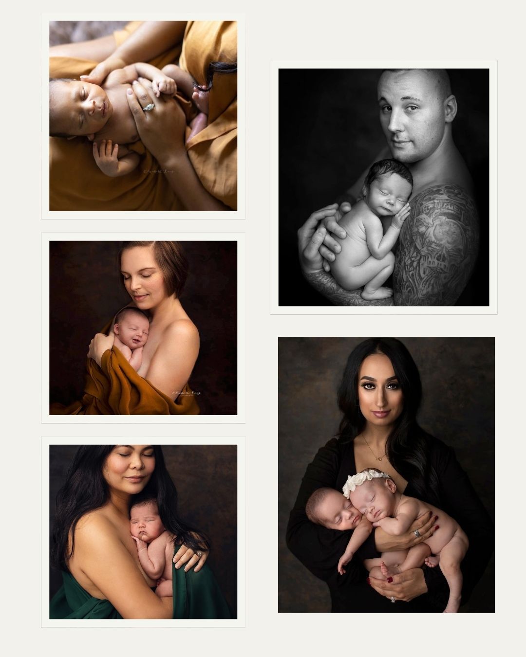 Collage of newborn photography sessions featuring parents tenderly holding their babies in warm, studio portrait settings.