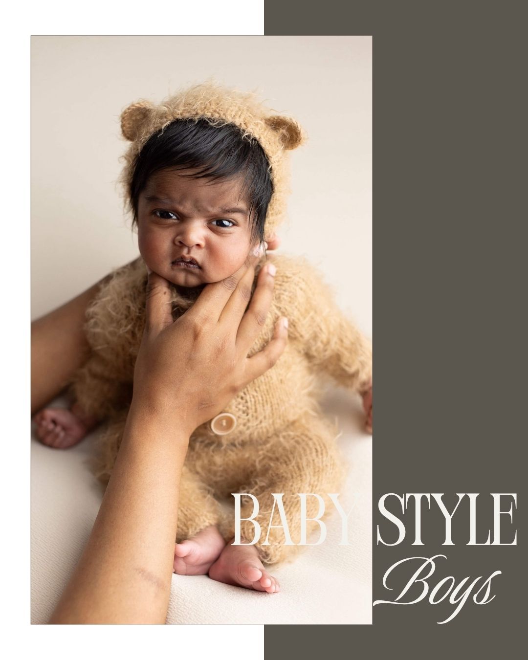 Newborn baby boy in a fuzzy bear outfit and bonnet, held gently, featured in a Baby Style Boys collection.