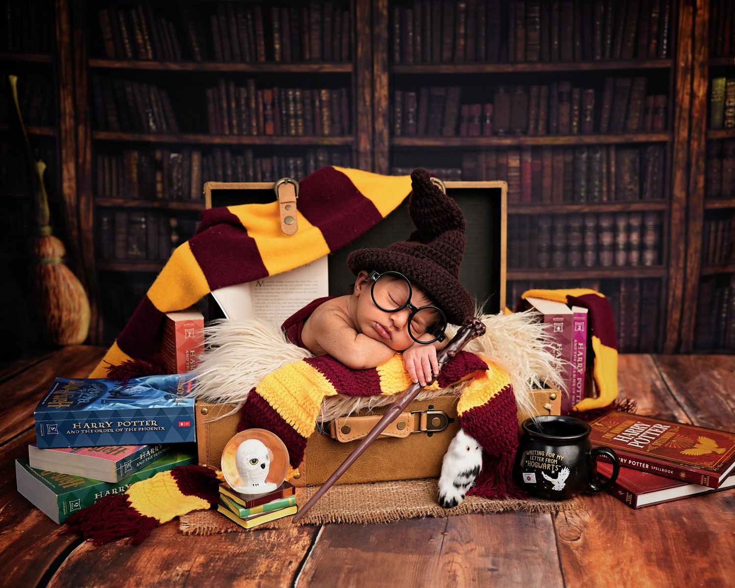 Newborn baby dressed as Harry Potter sleeping in a suitcase surrounded by books, a wand, owl, and Gryffindor scarf.