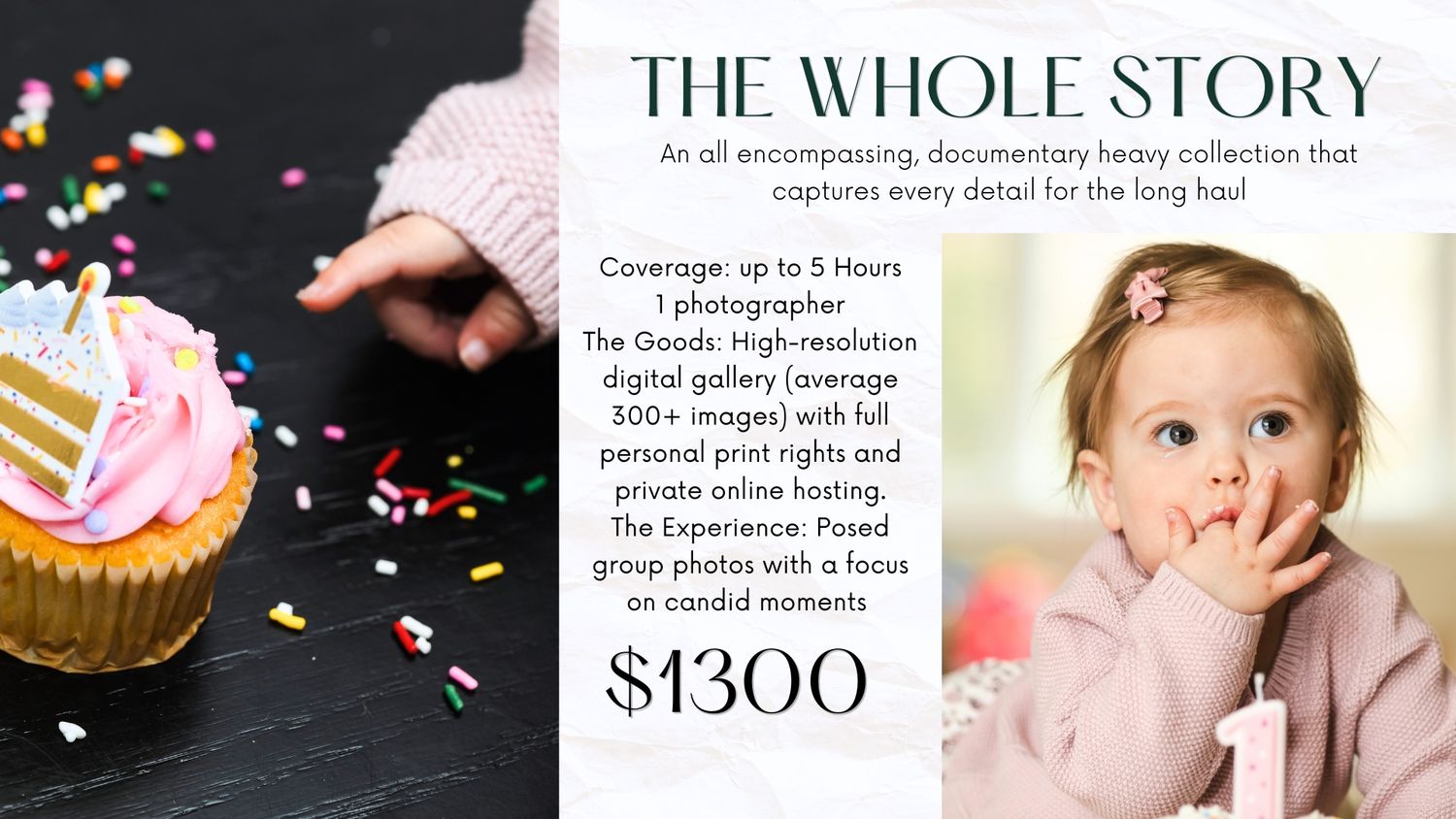 A photography package flyer featuring a baby with a cupcake, offering 5-hour coverage and digital gallery for $1300.