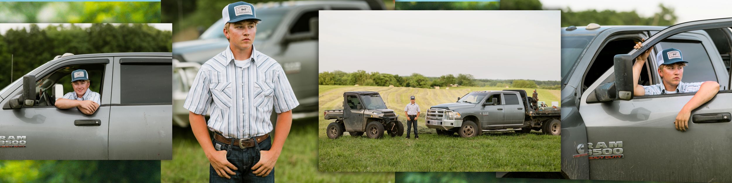 Man in striped shirt holding camera near trucks in a green field, outdoor photography session on a sunny day.