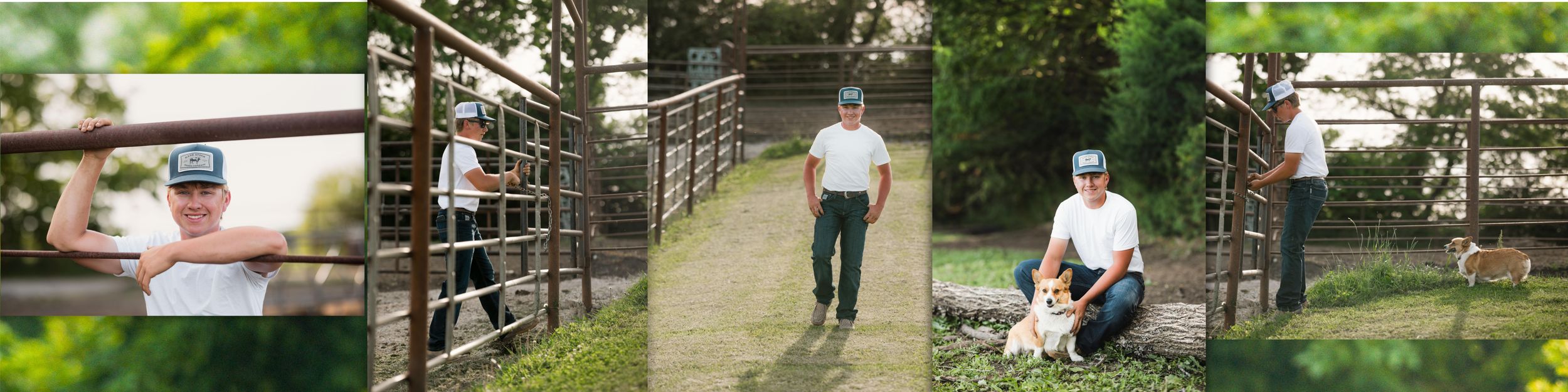 Man in white cap and gray shirt poses near a rustic wooden fence gate on a sunny day outdoors.