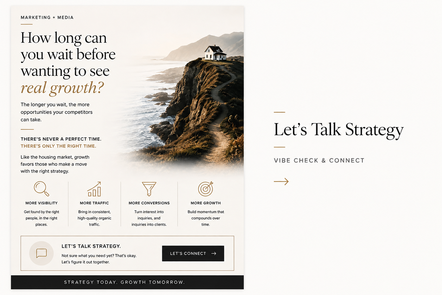 Marketing strategy webpage featuring a coastal cliff house photo with growth-focused headline and call-to-action section.