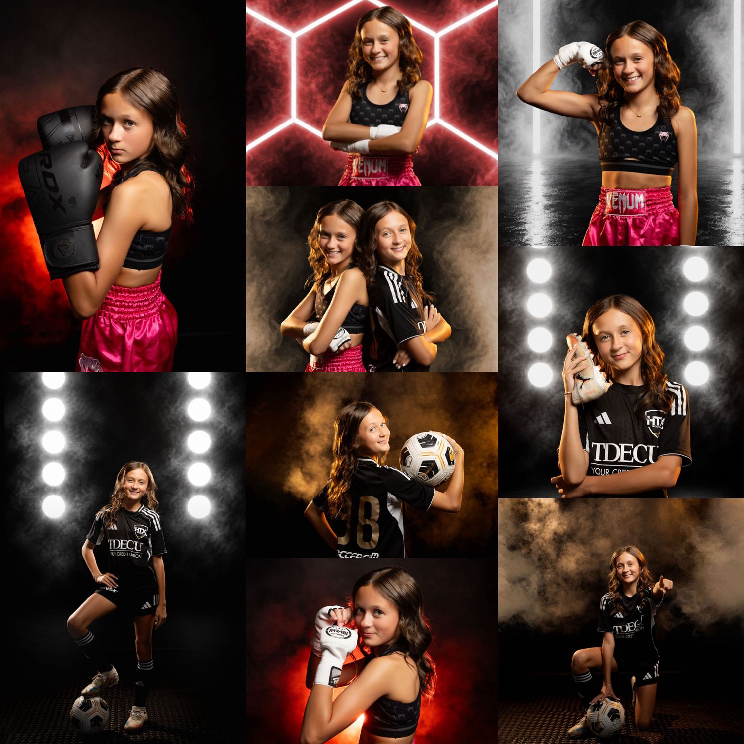 A collage of a dramatic sports portrait session with an MMA athlete and soccer player, taken on a dark background with dramatic lighting.