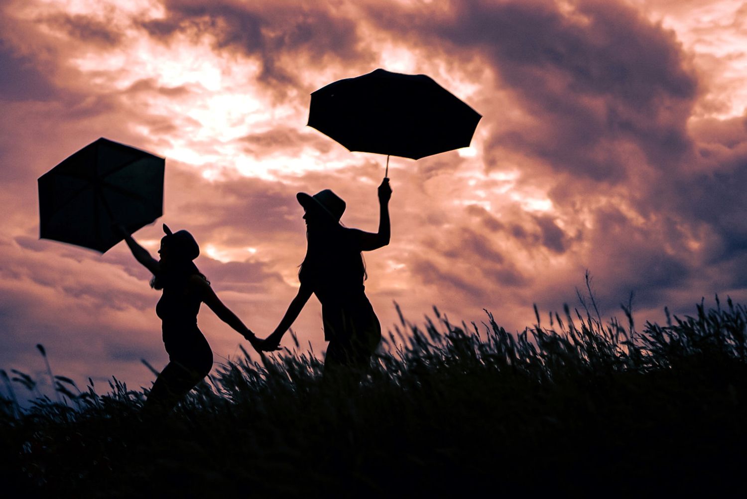 Silhouettes of two people holding umbrellas in a field against a dramatic cloudy sunset sky.