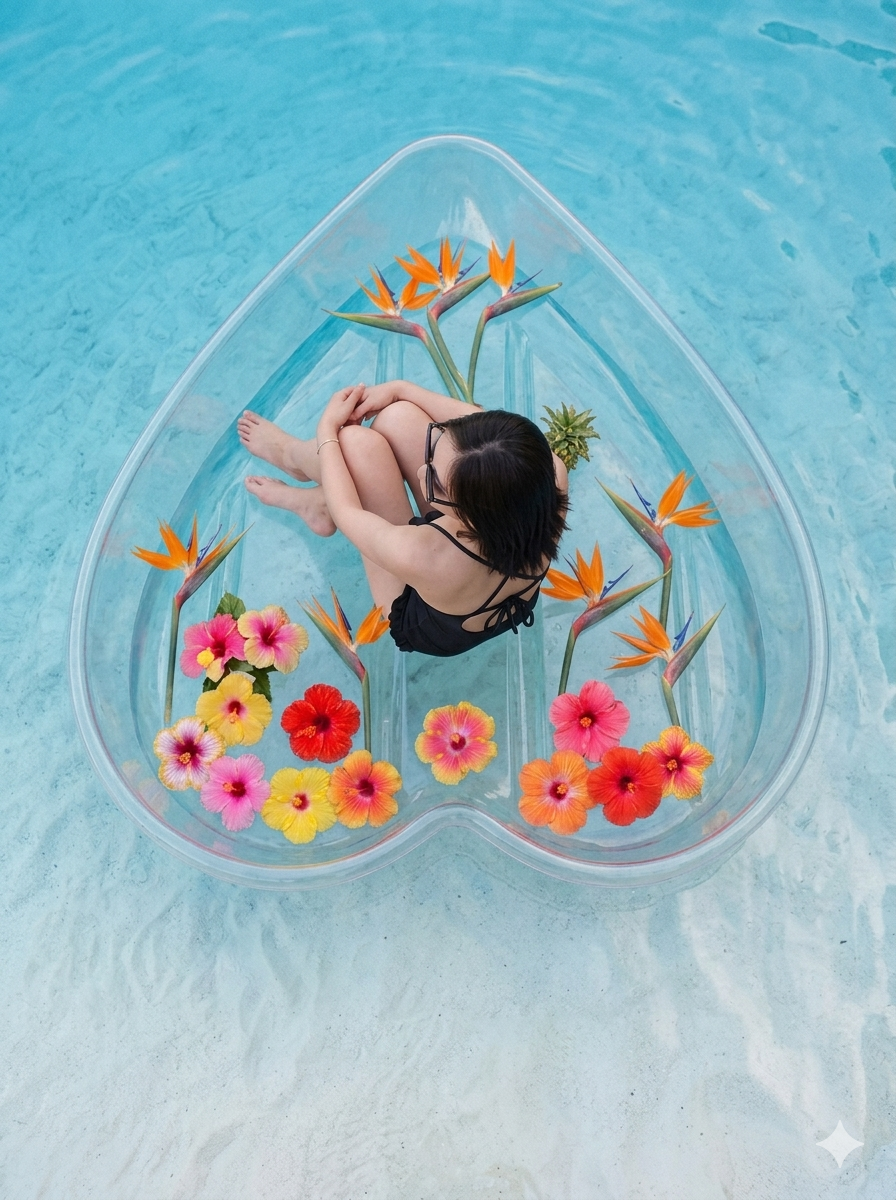 Aerial view of woman relaxing in heart-shaped clear float decorated with tropical hibiscus flowers in pool.