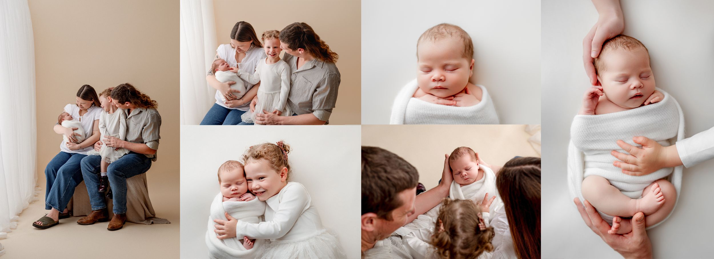 Sleeping newborn baby in olive green ribbed romper with fists raised, posed on matching green backdrop.