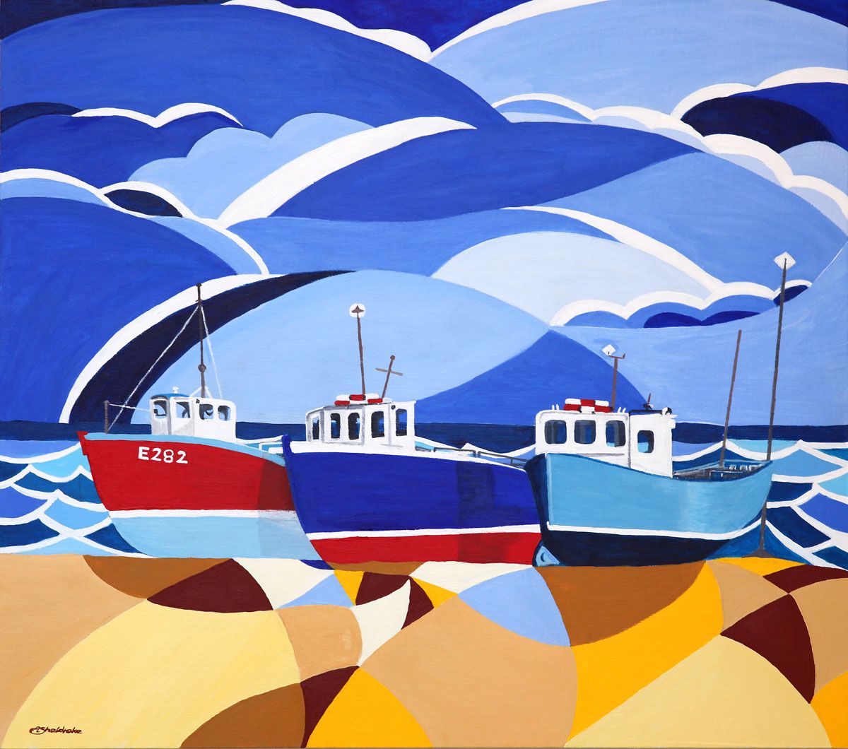 Stylized painting of a red and white lighthouse on rocky shore with bold blue and white wave patterns in the sky.