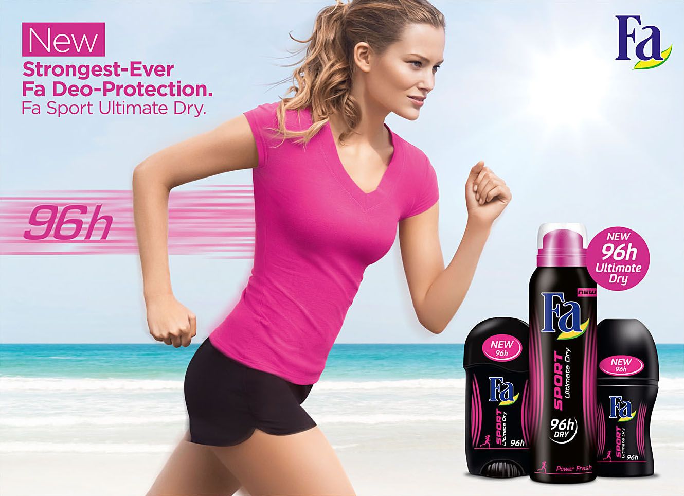 Woman in pink top running on beach in Fa Sport Ultimate Dry deodorant advertisement.