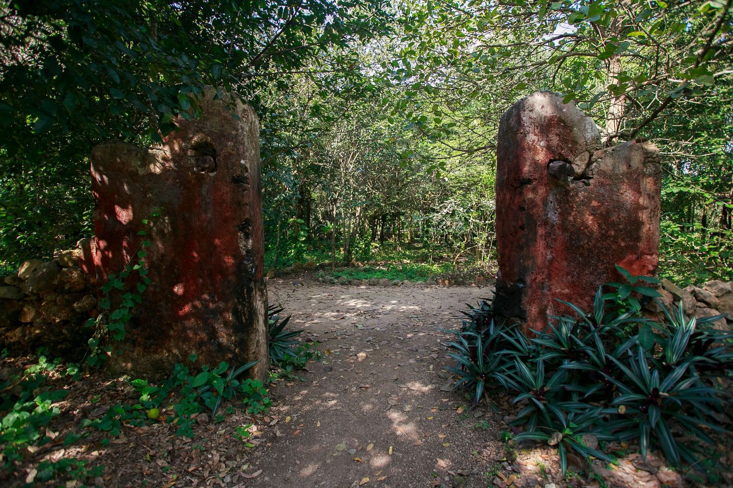 Rustic stone entrance pillars leading to forest path with green foliage.