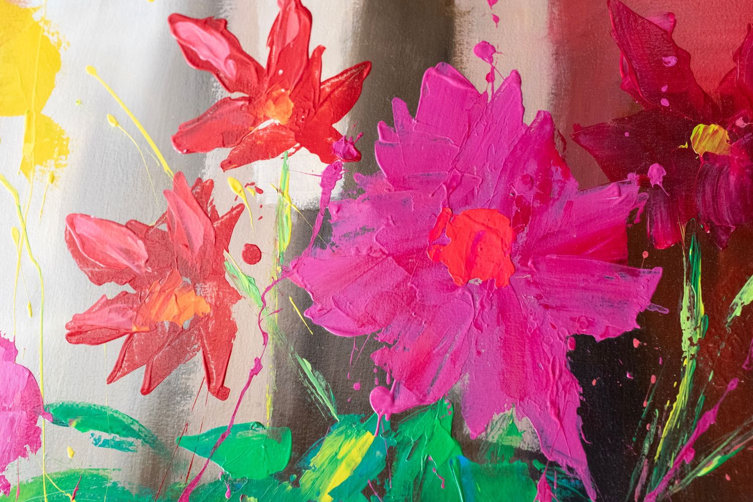 Vibrant acrylic painting of pink and red flowers with green leaves on a light background, bold brushstrokes.