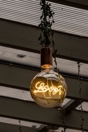 Glowing Edison bulb with Love filament design hanging from ceiling Boyne Hill House Wedding Photography & Film