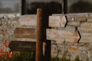 Rustic wooden wedding directional sign post with arrow signs at Boyne Hill House Estate, Co. Meath