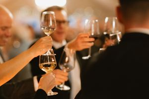 Guests raising wine glasses in a celebratory toast at an elegant Boyne Hill House Estate wedding reception in Co.Meath