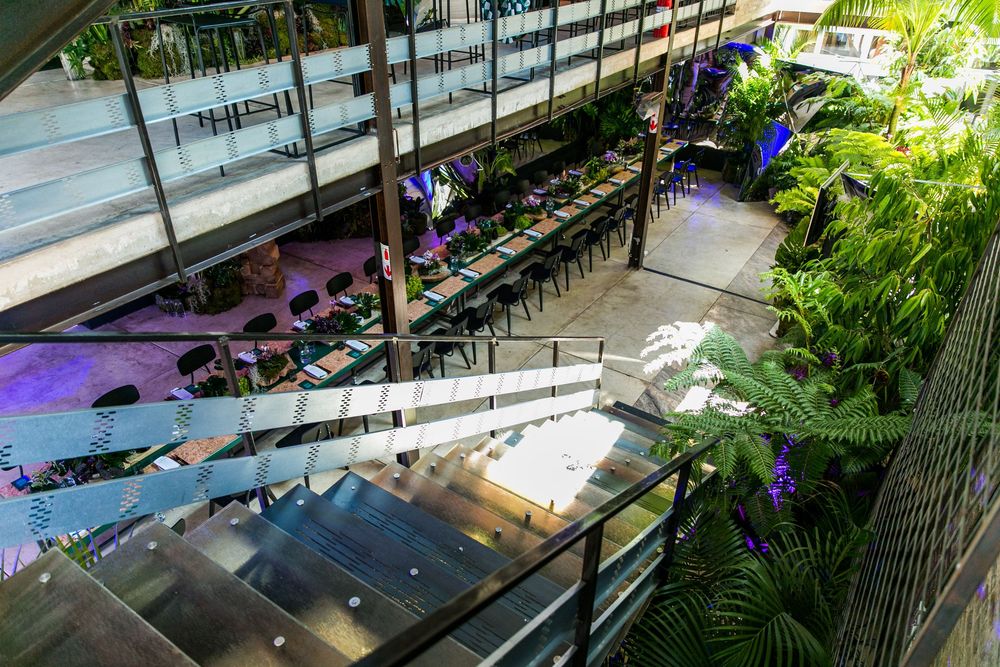 Aerial view of a lush indoor restaurant with long dining tables, tropical plants, and vibrant purple lighting accents.
