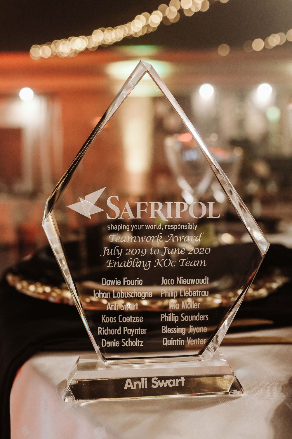 Crystal Safripol Teamwork Award trophy for Enabling KOC Team, July 2019 to June 2020, presented to Anli Swart.