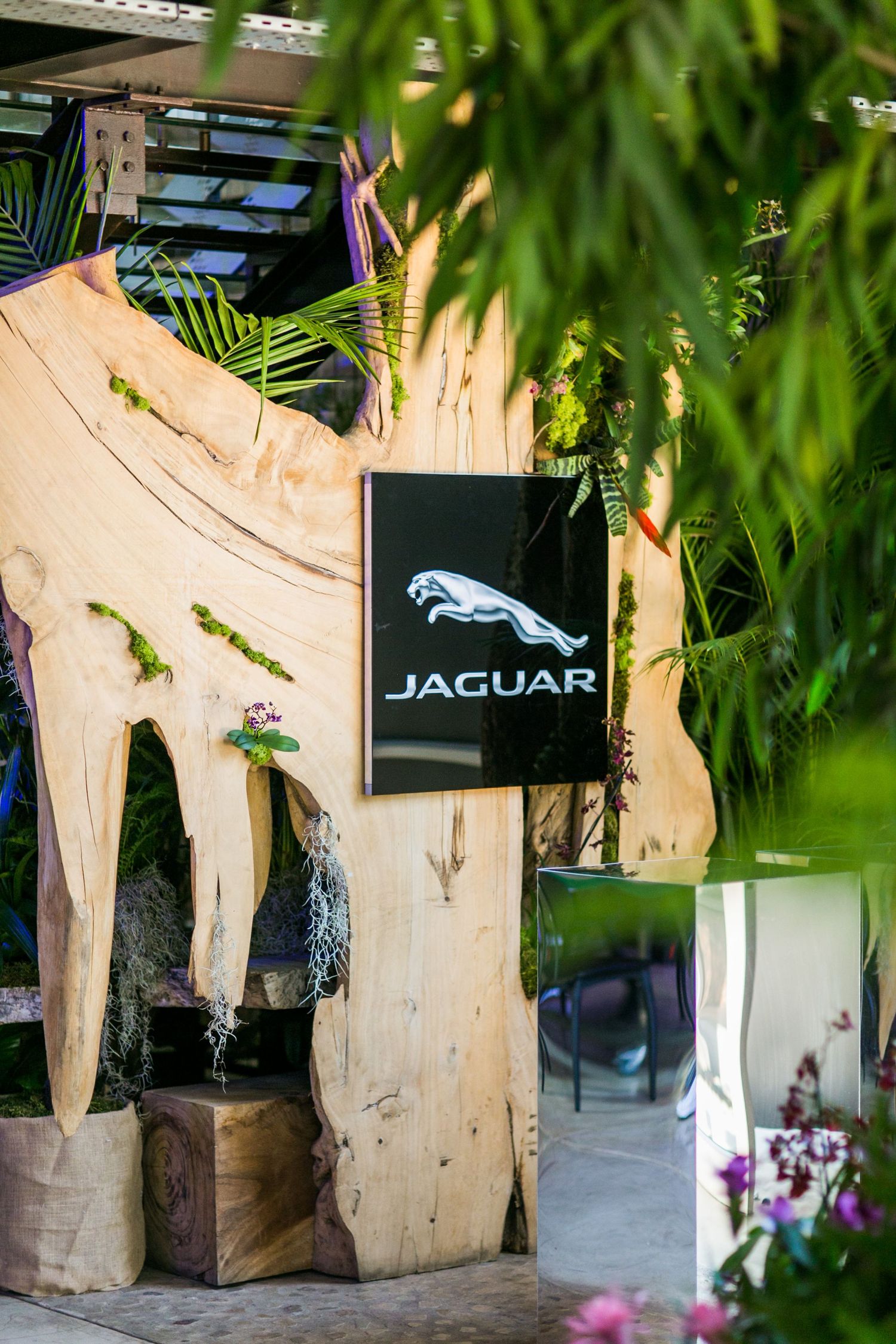Jaguar luxury car brand logo sign displayed on a wooden installation surrounded by tropical green plants and flowers.
