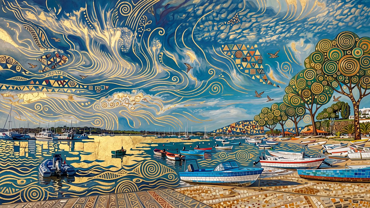 Van Gogh style swirling blue coastal landscape painting with ocean cliffs and seagull in flight. AI digital art by Alyson Sheldrake.