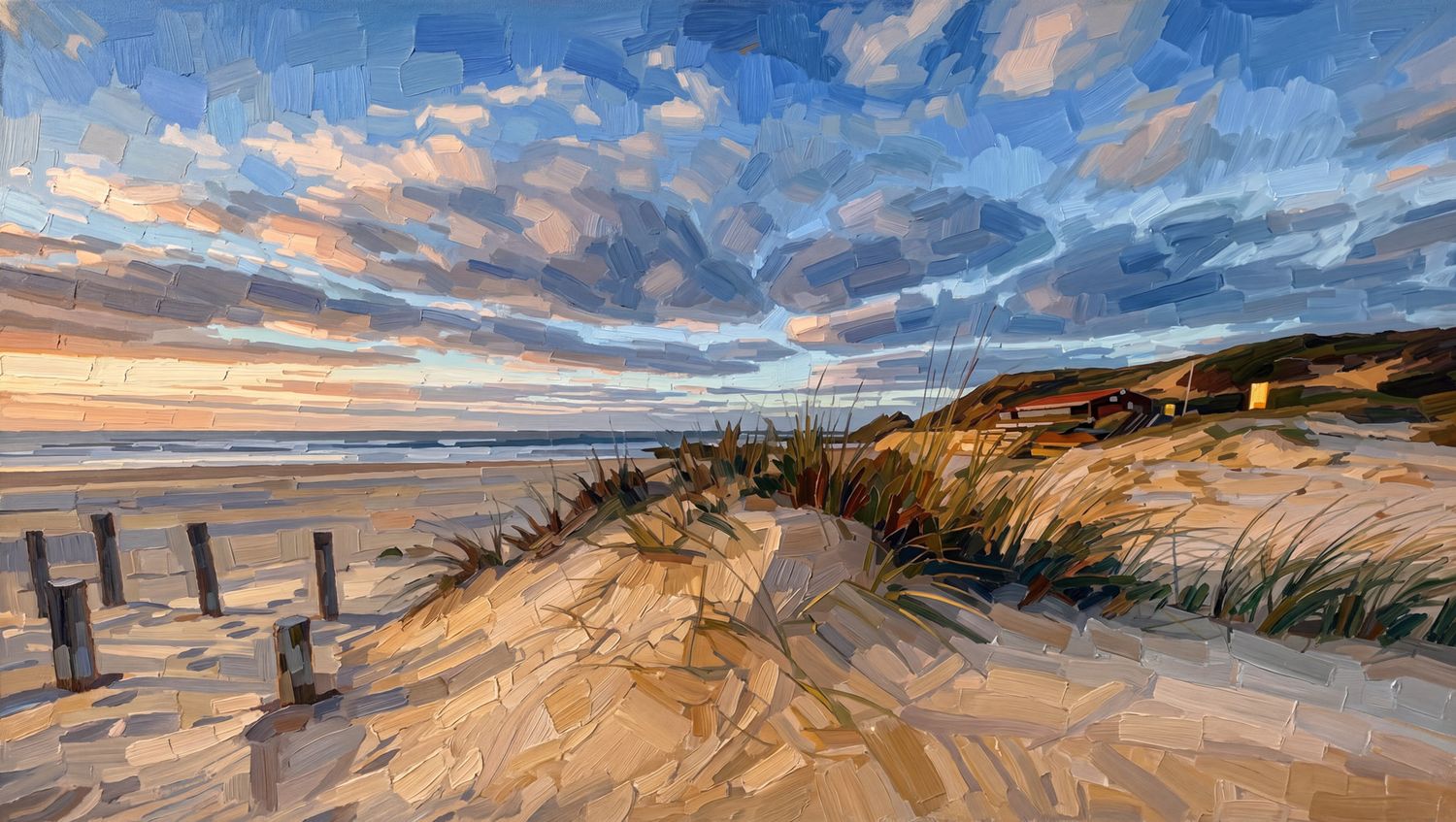 Van Gogh style swirling blue coastal landscape painting with ocean cliffs and seagull in flight. AI digital art by Alyson Sheldrake.