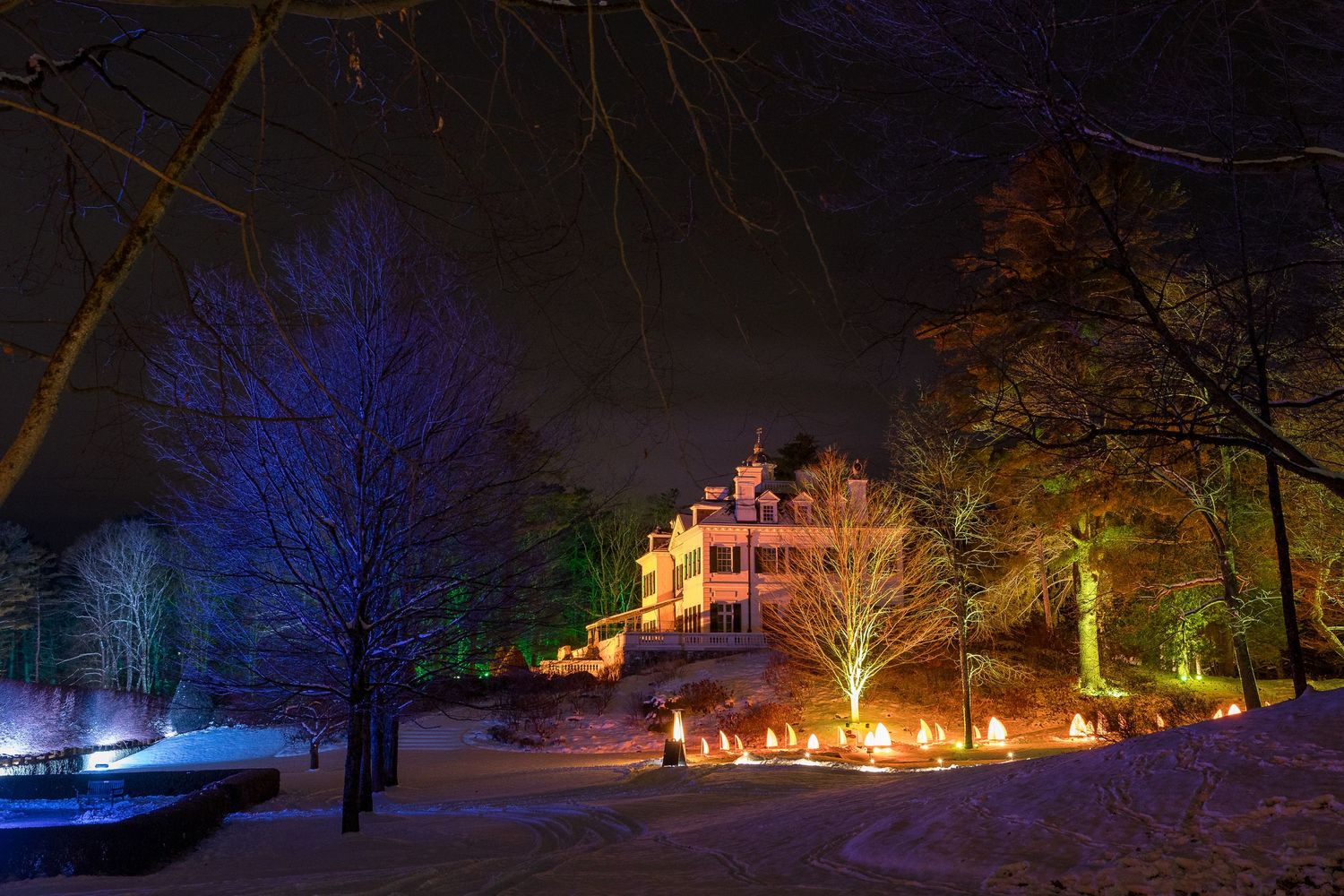 Grand estate home dramatically lit with colorful lights against a snowy winter night landscape with bare trees.