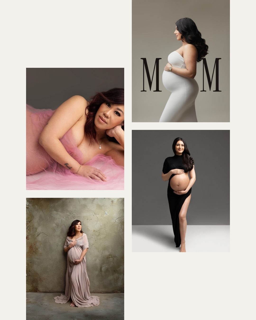 Maternity photo collage featuring pregnant women in pink, gray, and black gowns posed elegantly in professional studio settings.