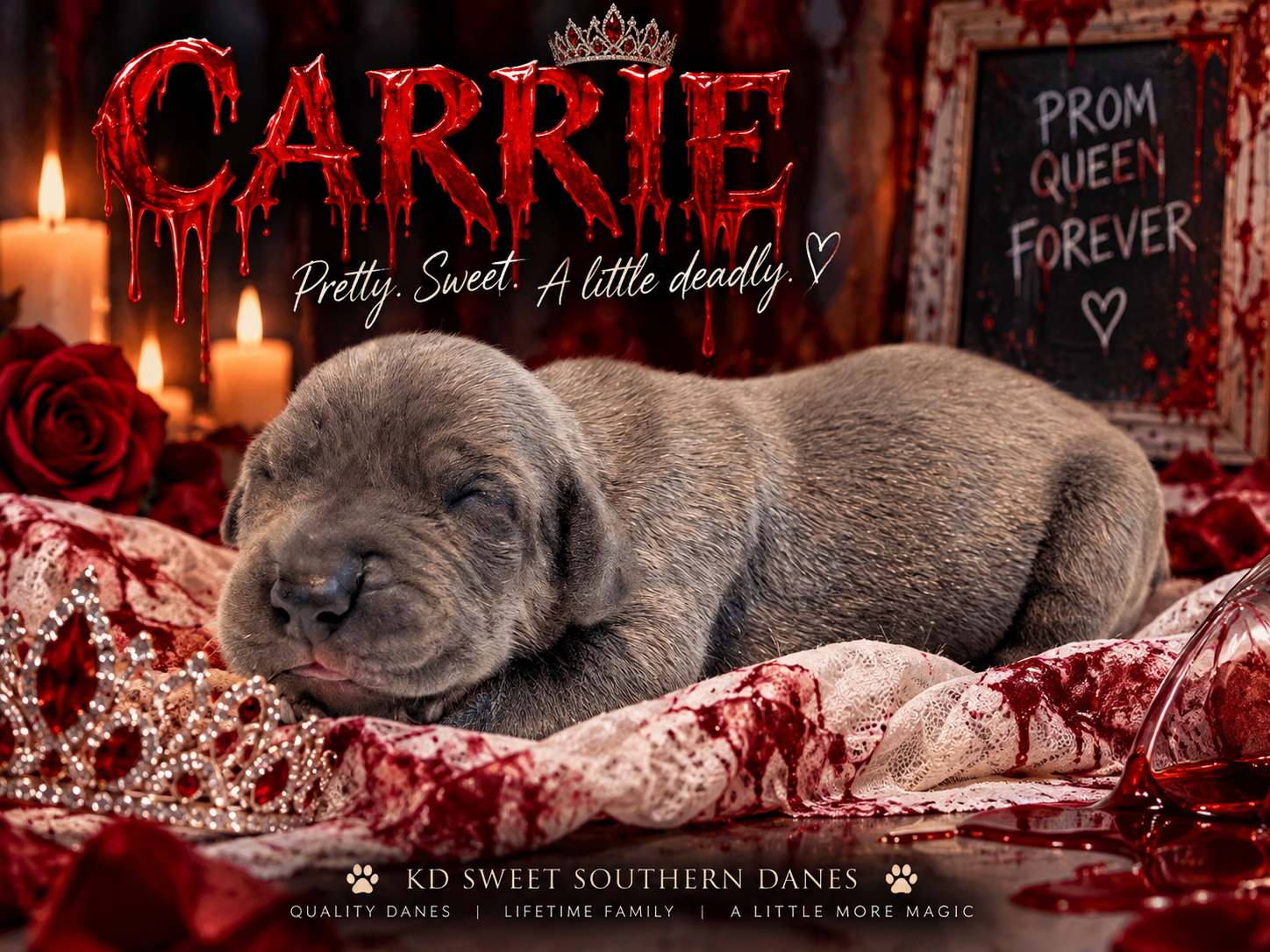 Gray Great Dane puppy named Carrie posed dramatically with roses and candles in a horror-themed prom queen photo shoot.