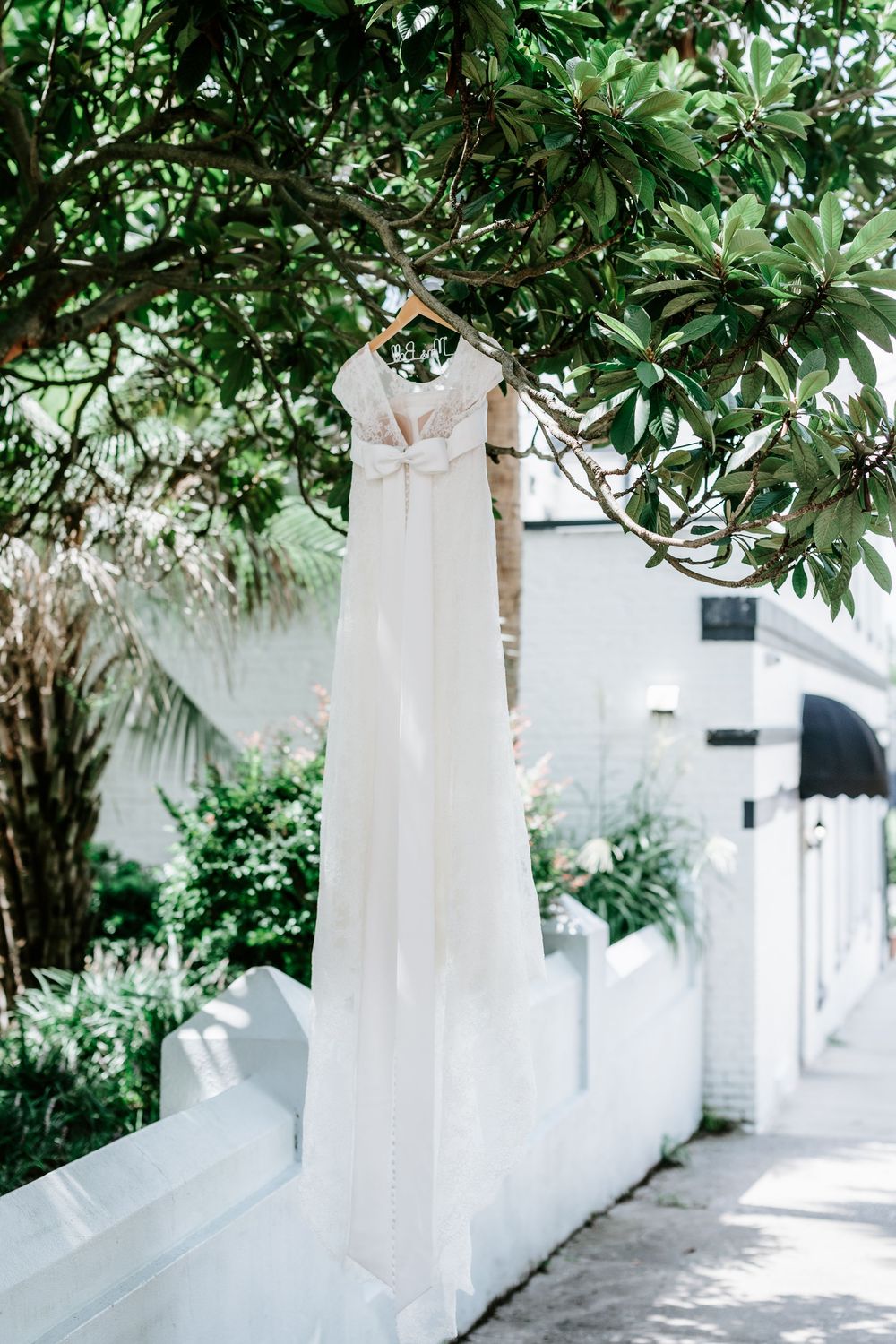 White wedding dress with bow detail hanging on a wooden hanger from a lush green tree outdoors.
